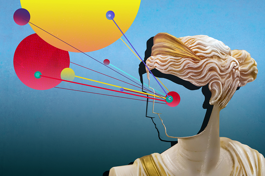 Busto de estátua clássica, com cabelo dourado e ondulado, olhando para a esquerda. Linhas coloridas e pontos luminosos emanam de seu olho, conectando-se a círculos flutuantes em tons de amarelo e vermelho no céu azul, sugerindo percepção ou dados